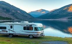Classic Connecticut RVs, adventurous, parked beside a serene lake, photorealistic, surrounded by rugged hills and reflective water, highly detailed, gentle ripples on the lake, wide angle shot, vibrant greens and blues, soft morning light, shot with a 24mm lens.