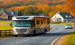 Luxurious Connecticut motorhomes, elegant, cruising on a winding scenic byway, photorealistic, flanked by stone fences and quaint farmhouses, highly detailed, birds flying overhead, 16k resolution, rich autumn hues, diffused sunlight, shot with a 85mm lens.