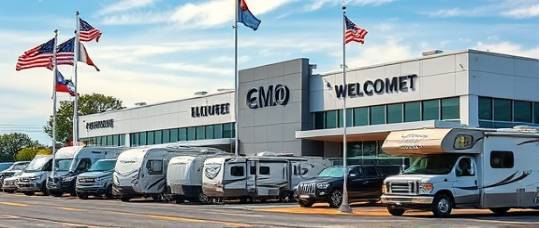 Bustling Connecticut dealerships, welcoming, showcasing an array of recreational vehicles, photorealistic, located on a busy suburban street, highly detailed, flags fluttering in the breeze, HDR quality, bright primary colors, fluorescent indoor lighting, shot with a 24-70mm lens.
