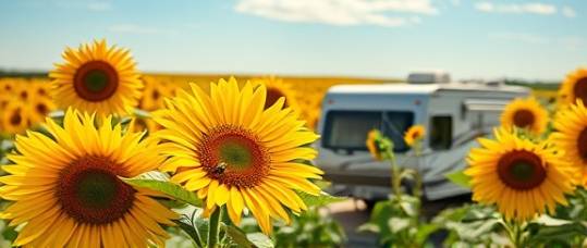 Family-friendly Connecticut RVs, spirited, sitting in a sunflower field, photorealistic, under an expansive, clear sky, highly detailed, bees buzzing around, macro photo, vivid yellows and greens, midday lighting, shot with a macro lens.