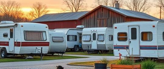 Charming Connecticut trailers, relaxed, nestled against rustic barns, photorealistic, in a quaint village setting, highly detailed, cats lazily sunbathing, high dynamic range, pastel colors, sunset lighting, shot with a 70-200mm lens.